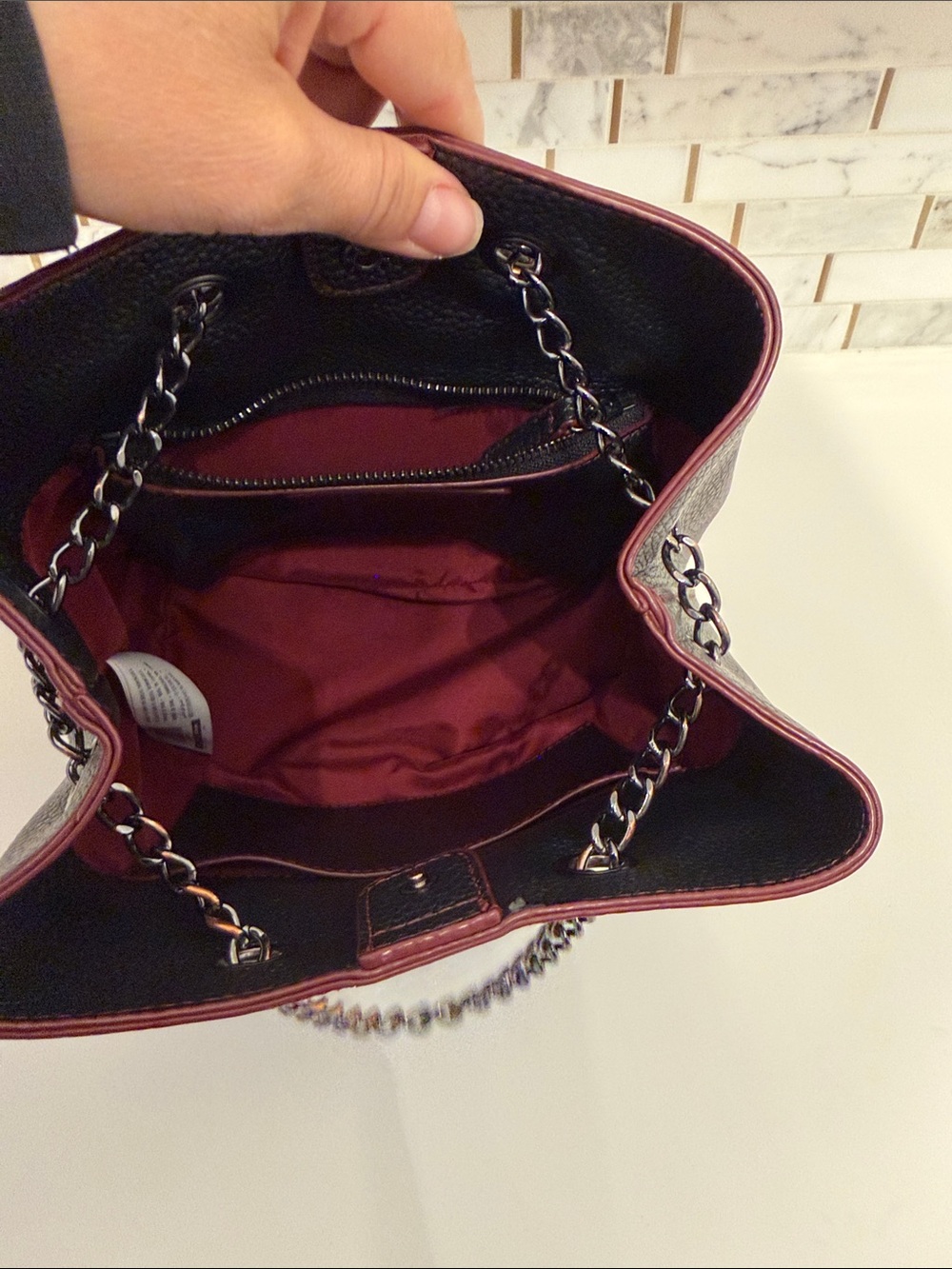 Adolfo Dominguez Black Bucket Bag with Burgundy Trim and Gunmetal Chain - Picture 5 of 6